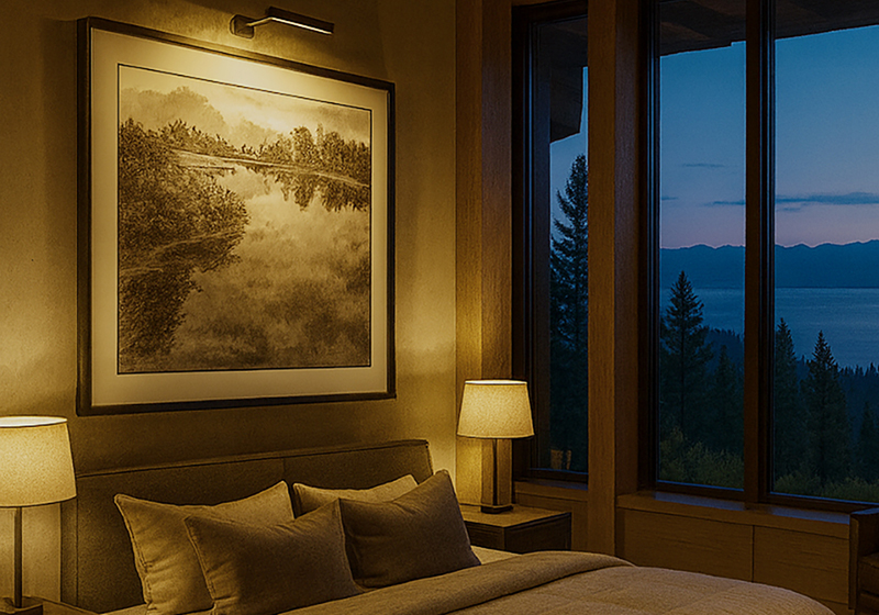 Adagio in a contemporary mountain bedroom at dusk